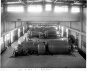 Historical photograph of the interior of the Manitowoc power plant in 1938.