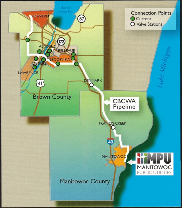 A map of Brown and Manitowoc Counties showing the route of clean water to Manitowoc