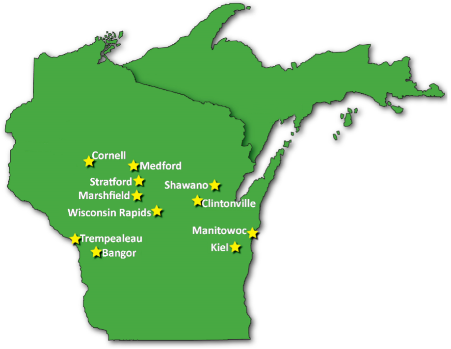 The state of Wisconsin with the Great Lakes Utilities locations marked with yellow stars.