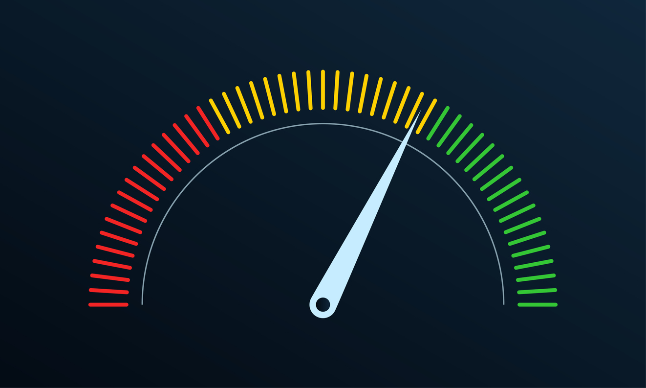 Speedometer icon with red, yellow, green scale and arrow pointing at the meeting of the yellow and green sections.
