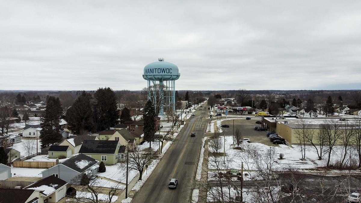 An aerial shot of Manitowoc, WI with a view of the water tower
