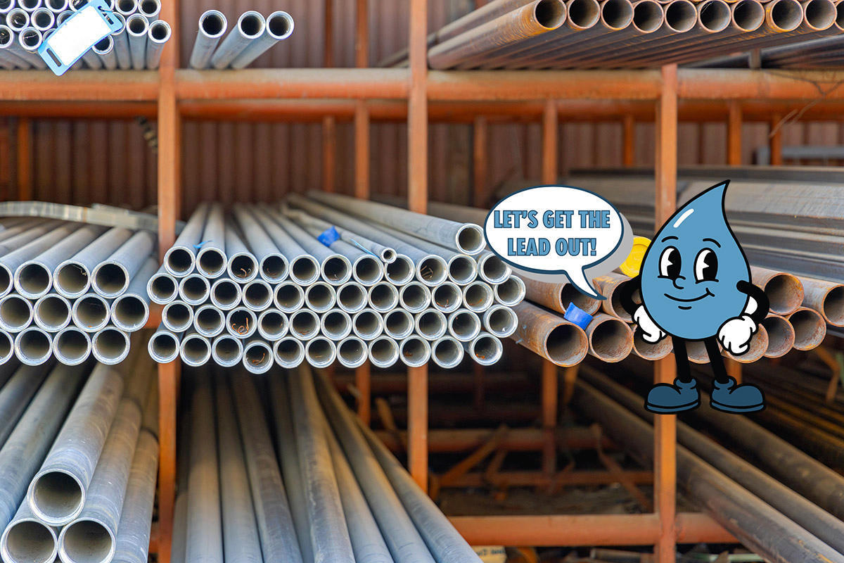Pipes stacked on racks with a water droplet saying, 